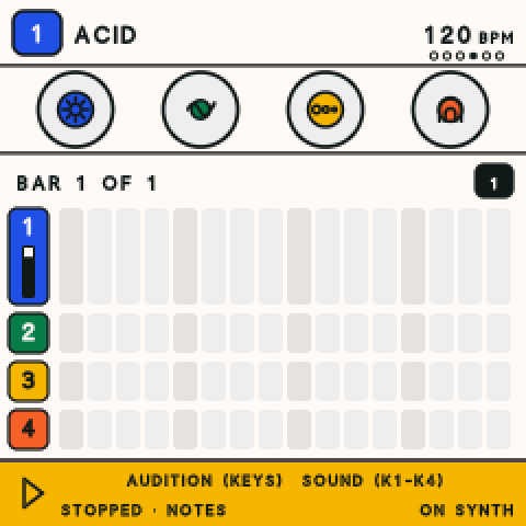 The FM-1 loop page with FX held: the band says Audition (keys), Sound (K1 to K4).