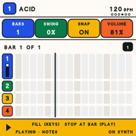 The FM-1 loop page with GLO held: the band says Fill (keys), Stop at bar (Play).
