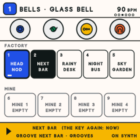 The FM-1 GROOVES page while Head Nod plays: the next tile says Next bar.