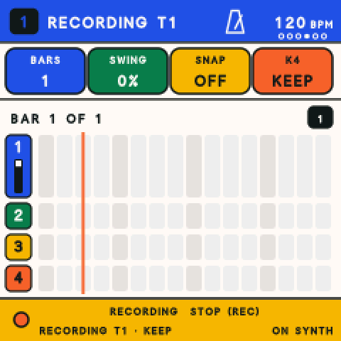 The FM-1 recording: Recording T1 at the top with a metronome mark, four lanes and a red playhead.