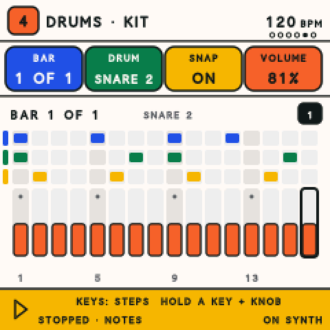 The FM-1 STEPS page for a drum kit: rows of coloured steps across one bar, with Bar, Drum, Snap and Volume across the top.